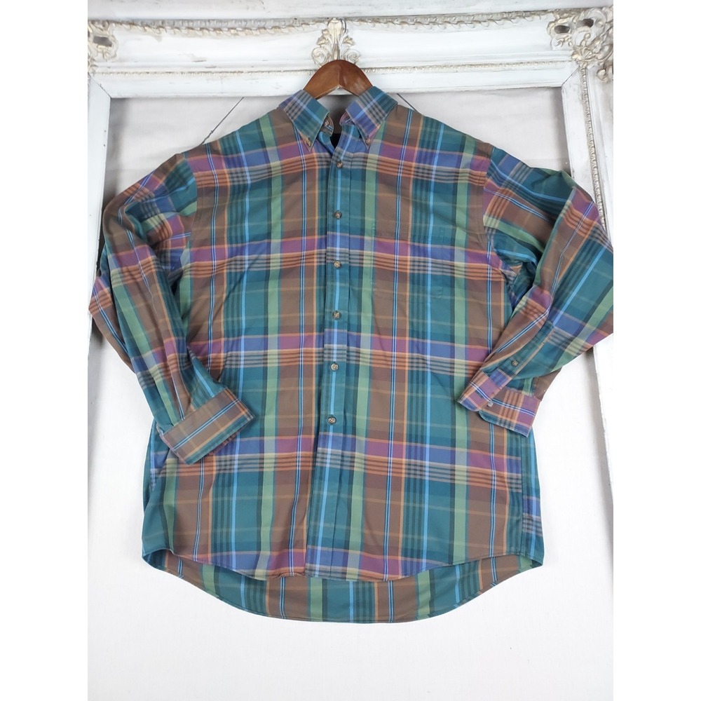 Smith & James Men's Large Plaid Button Down Shirt Royal Oxford Wrinkle Free